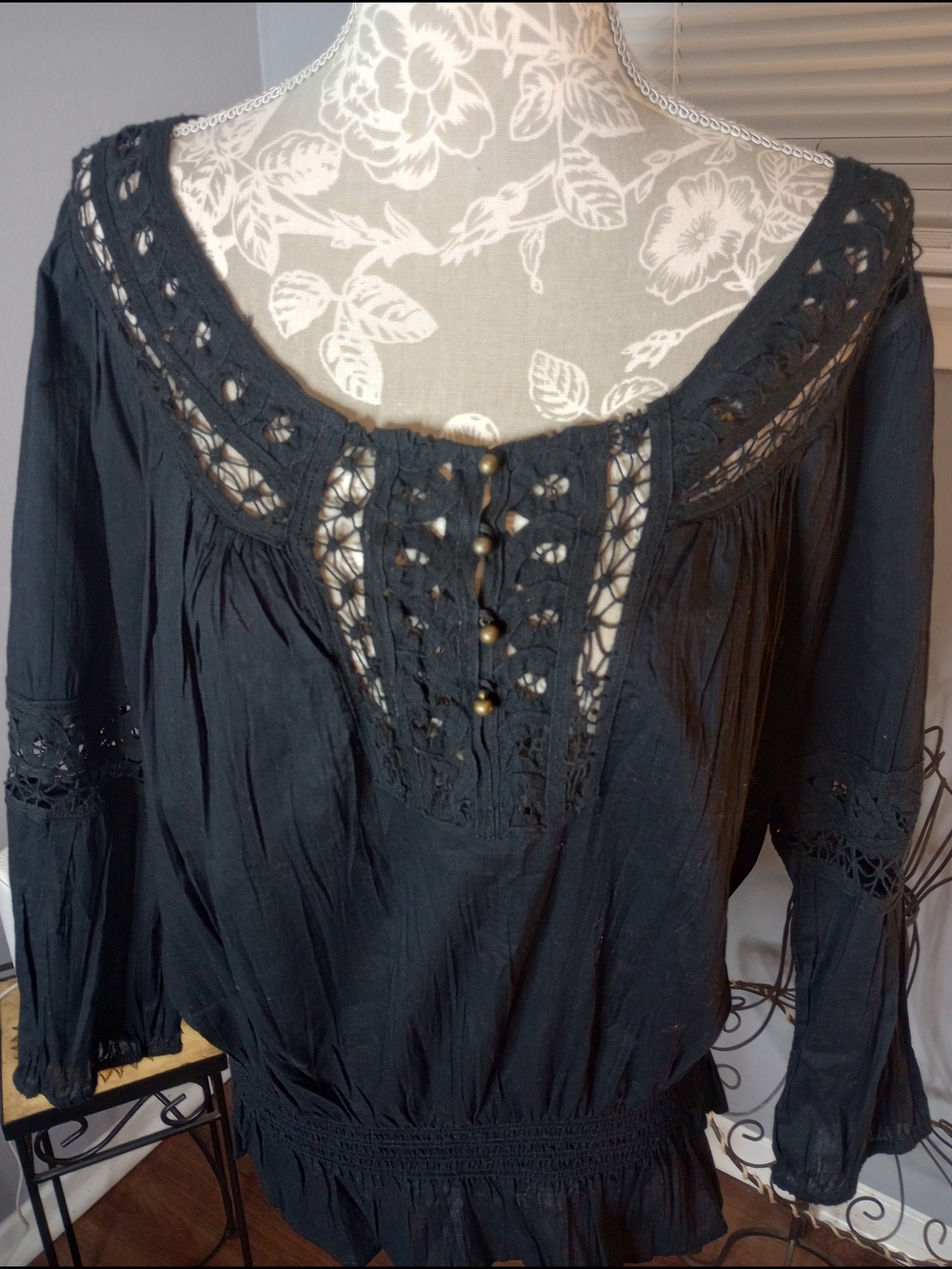 Nine West Black Crochet Trim Peasant Blouse
